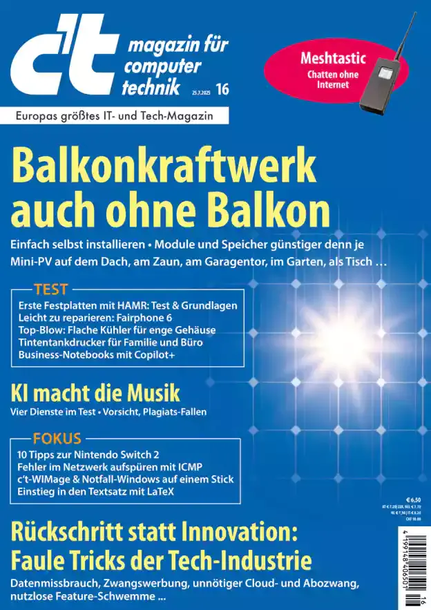 Cover of c’t magazine, a leading German computer and technology publication. The main headline features balcony power plants. A prominent section in the upper right highlights “Meshtastic,” a tool for chatting without the internet, with an image of <br>a handheld radio device.