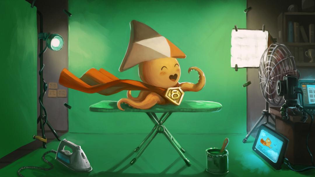 The setting is a video studio. We see Sepia, the PeerTube mascot, wearing a cape and a medal with the number â8â on it, standing on an ironing board in front of a fan. The setting is a video studio. We see Sepia, the PeerTube mascot, wearing a cape and a medal with the number â8â on it, standing on an ironing board in front of a fan.