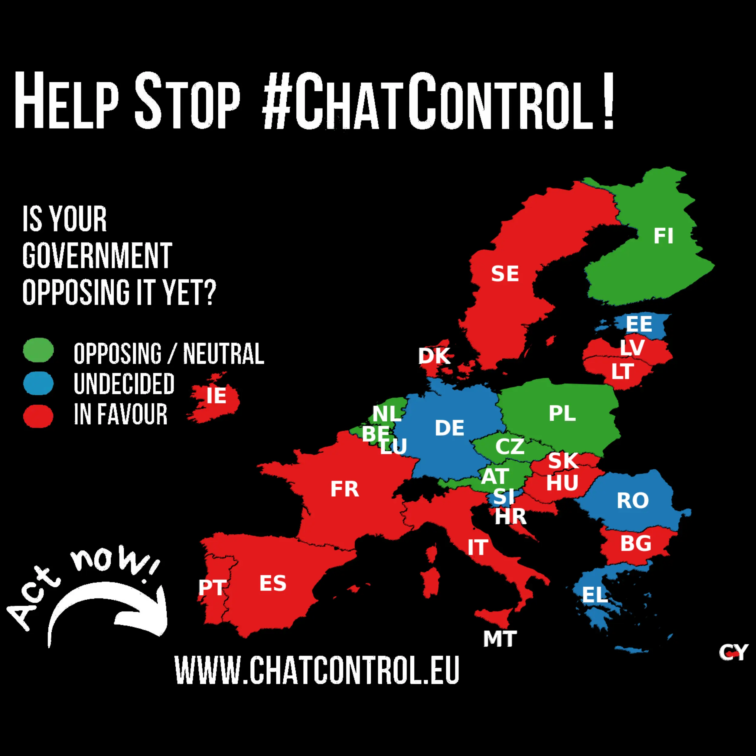 A map of countries part of the European Union. Countries opposing Chat Control are represented in green, countries undecided in blue, and countries in favor are in red. Below there is text saying ＂Act now! www.chatcontrol.eu＂.